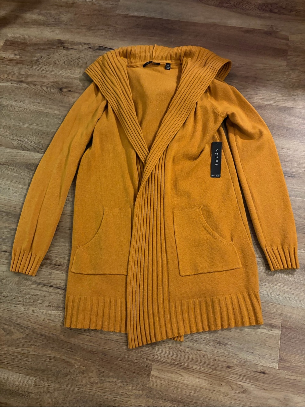 NWT CYRUS Women's Mustard Yellow Hooded Cardigan Sweater Pockets - M